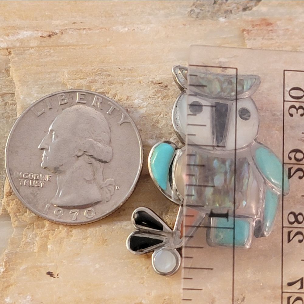 Old Pawn Zuni Sterling Owl Turquoise MOP Abalone Red Coral Brooch Pin - Picture 4 of 6